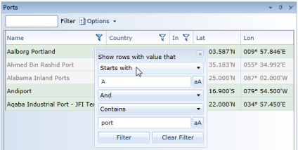 Ports Data Grid Name Filter