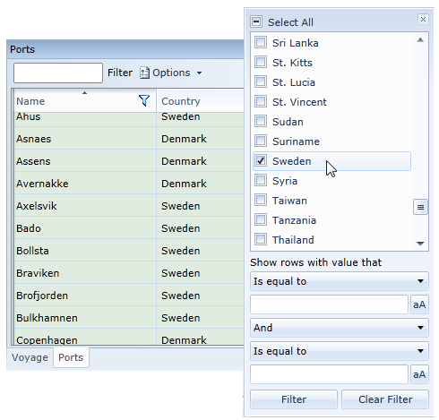 Ports Data Grid Country Filter